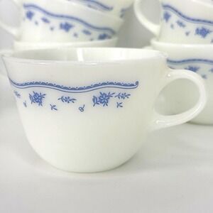 Vintage Pyrex Blue Floral Snowflake Cups Set of 7 Milk Glass Coffee Tea Mugs USA
